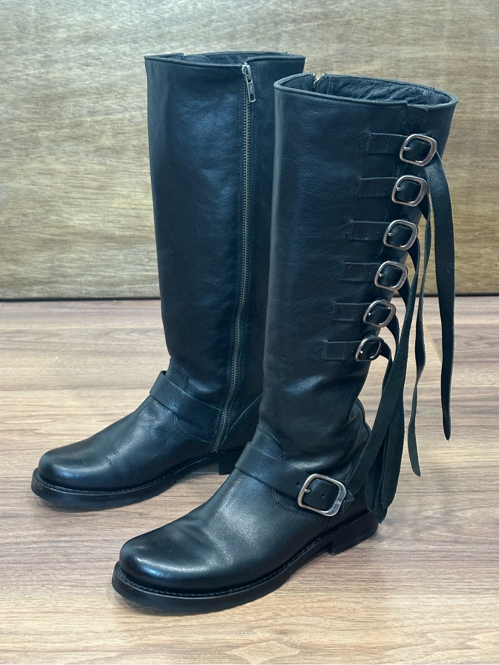 Frye Veronica Strap Tall Leather Boots in Black Size 7